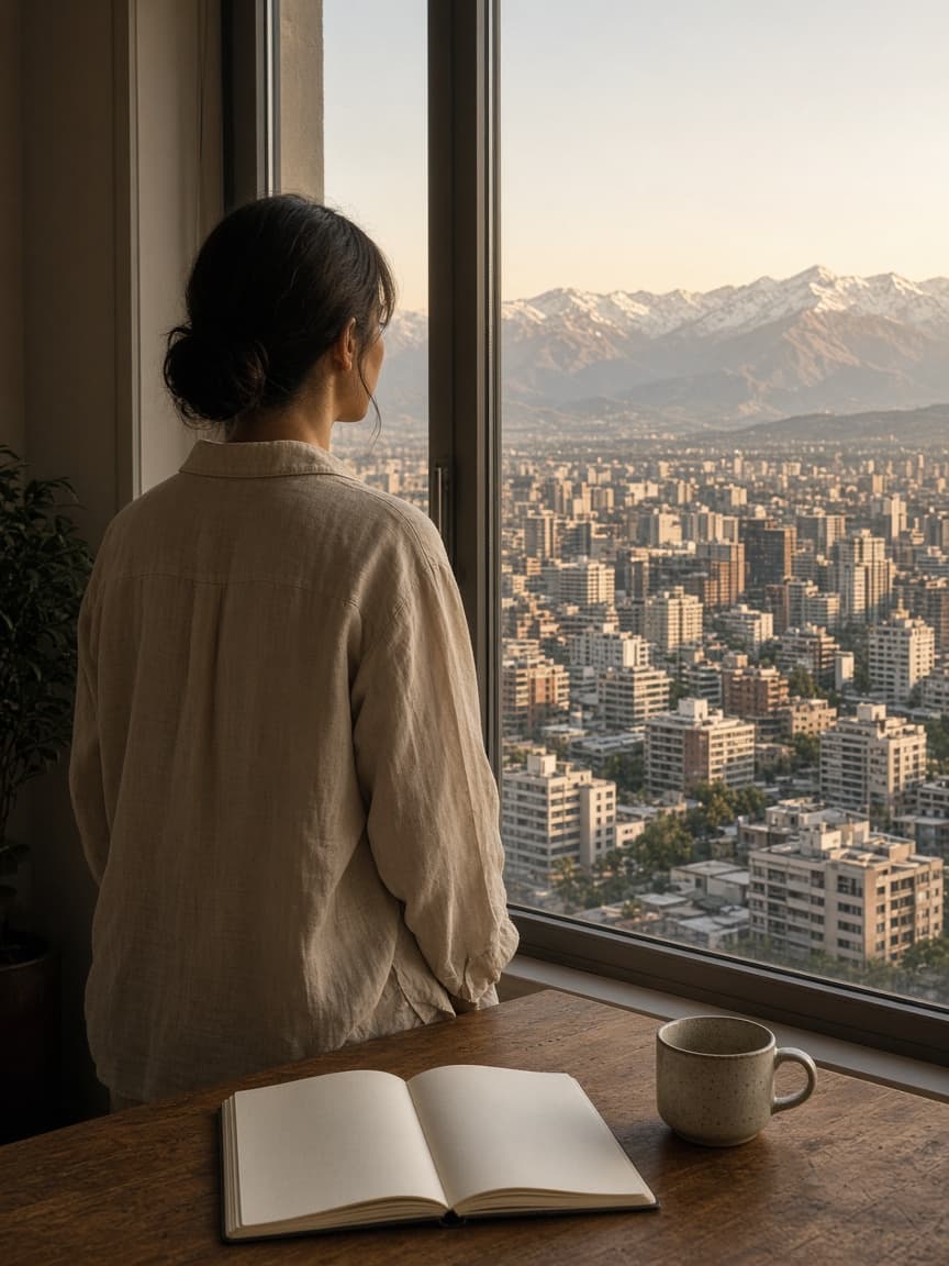 Una asesora mira Santiago y la cordillera desde la ventana.